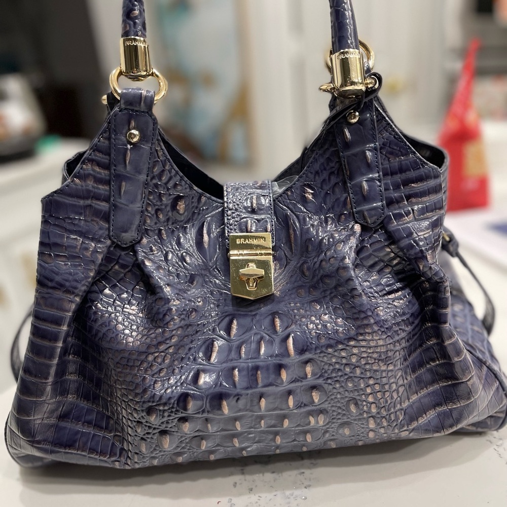 Brahmin Blue Crocodile Embossed Shoulder Bag